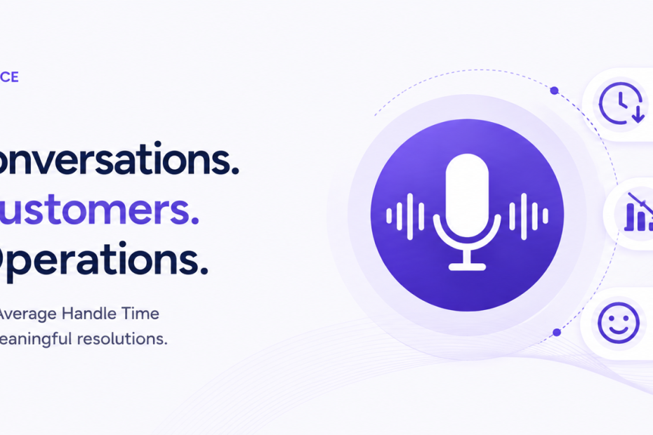 Hero banner promoting Voice AI for customer experience: “Shorter Conversations. Happier Customers. Smarter Operations.” with a central microphone graphic and next to it three benefit callouts: reduce AHT, lower costs and improve efficiency, faster resolutions and happier customers.