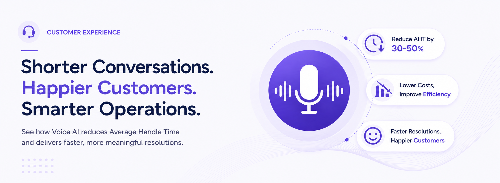 Hero banner promoting Voice AI for customer experience: “Shorter Conversations. Happier Customers. Smarter Operations.” with a central microphone graphic and next to it three benefit callouts: reduce AHT, lower costs and improve efficiency, faster resolutions and happier customers.