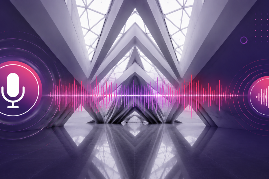 Neon pink microphone icon on the left connected by a glowing pink waveform to a circular sound icon on the right, in a futuristic hall setting.