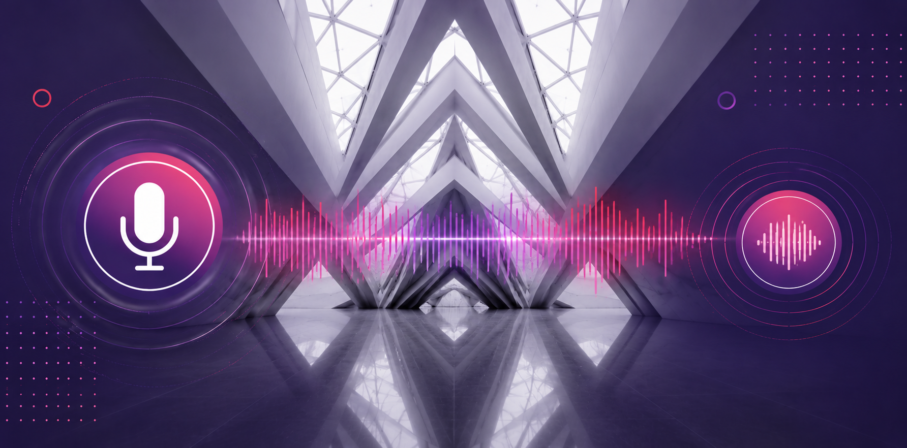 Neon pink microphone icon on the left connected by a glowing pink waveform to a circular sound icon on the right, in a futuristic hall setting.