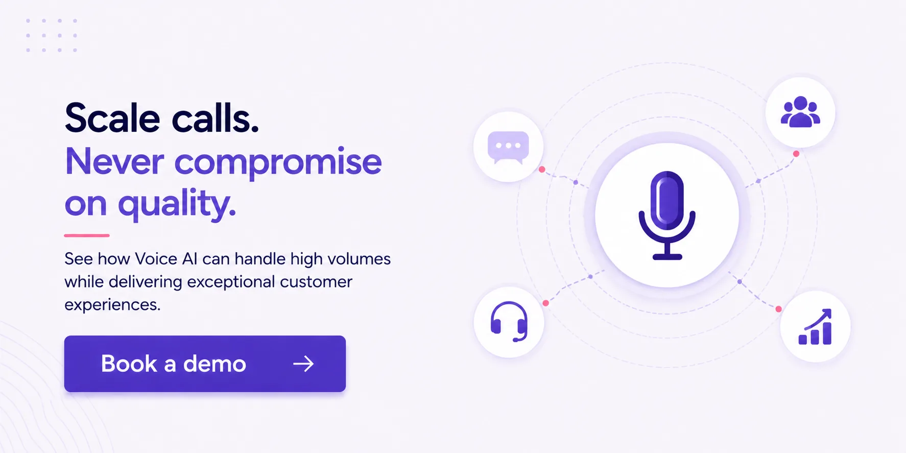Marketing hero: 'Scale calls. Never compromise on quality.' with a central purple microphone icon and surrounding circular icons, plus a purple 'Book a demo' button.