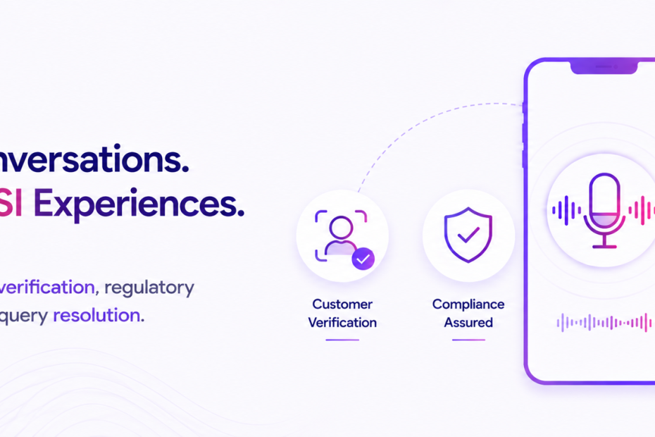 Banner promoting voice AI for BFSI with headline 'Smarter Conversations. Stronger BFSI Experiences.' and icons for verification, compliance, and faster query resolution.