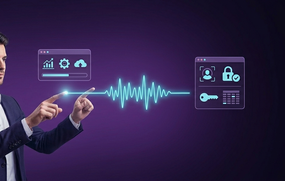Support agent with headset gestures toward glowing dashboards and a neon heartbeat line in a dark purple background.