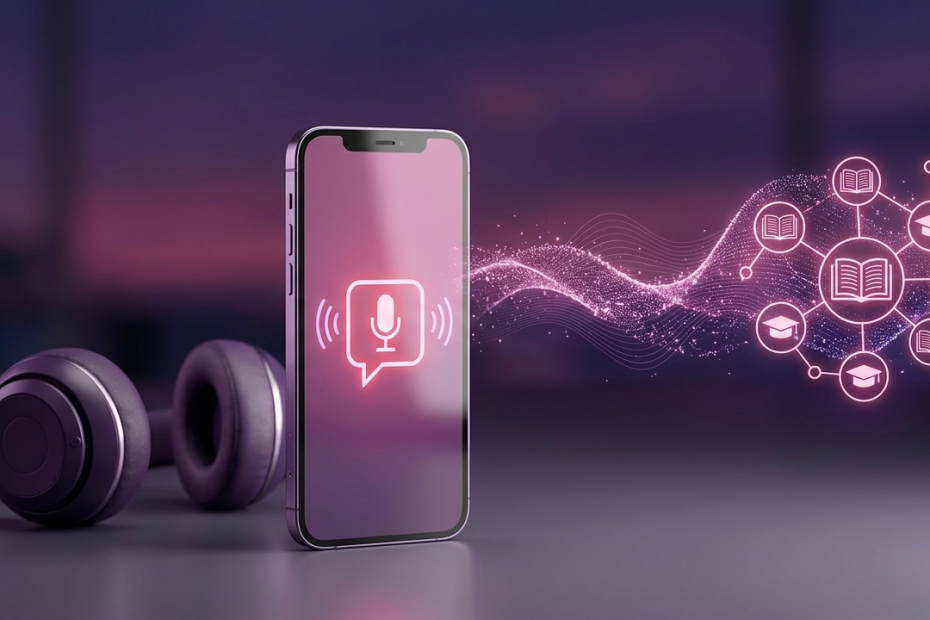 Smartphone with a voice assistant icon on the screen, next to purple headphones and a glowing network of book icons.