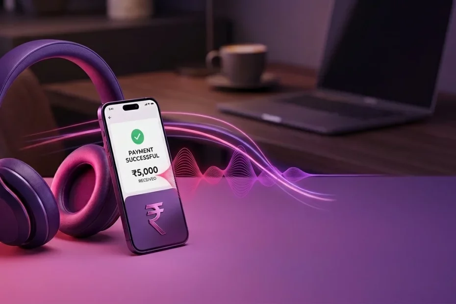 Phone shows 'Payment Successful' with ₹5,000 received, placed beside purple wireless headphones on a desk.
