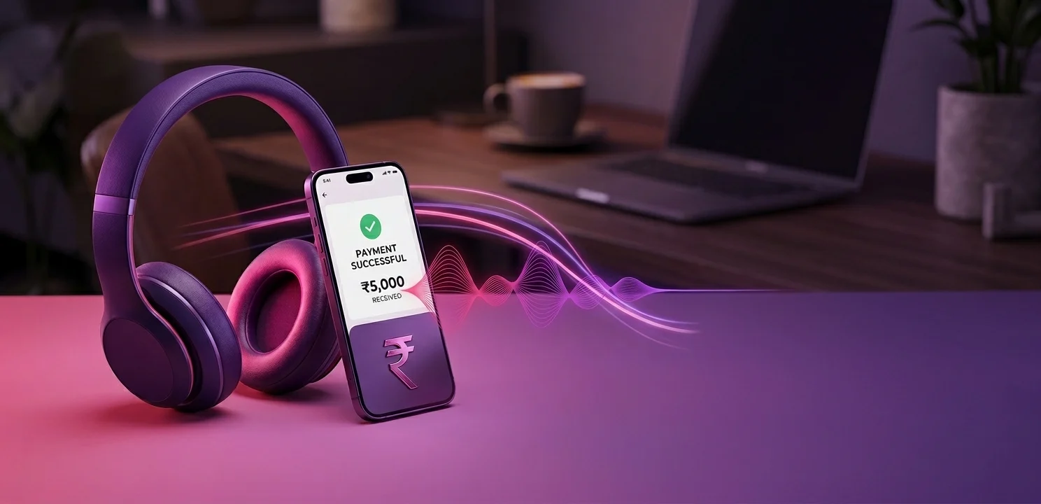 Phone shows 'Payment Successful' with ₹5,000 received, placed beside purple wireless headphones on a desk.