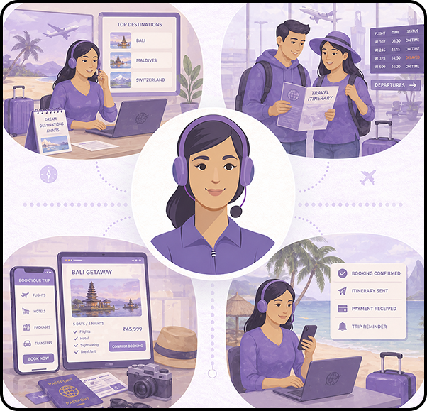 Central travel consultant with headset guiding clients, surrounded by screens of itineraries, bookings, and destinations like Bali and Maldives.