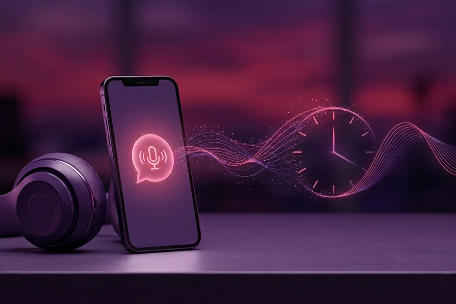 Phone and over-ear headphones on a desk with a voice-assistant icon on the screen and pink audio waves forming a clock, suggesting voice control devices.