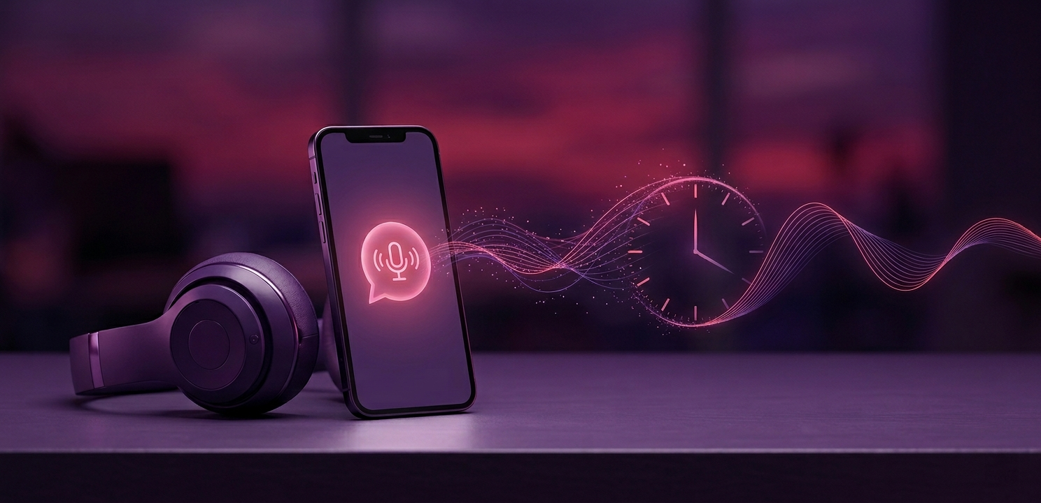 Phone and over-ear headphones on a desk with a voice-assistant icon on the screen and pink audio waves forming a clock, suggesting voice control devices.