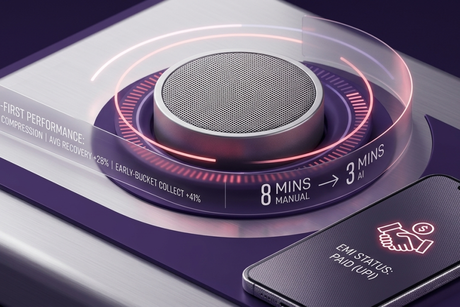 Futuristic circular data display showing KPI performance metrics beside a metal dial, with a purple smartphone on a purple surface nearby.
