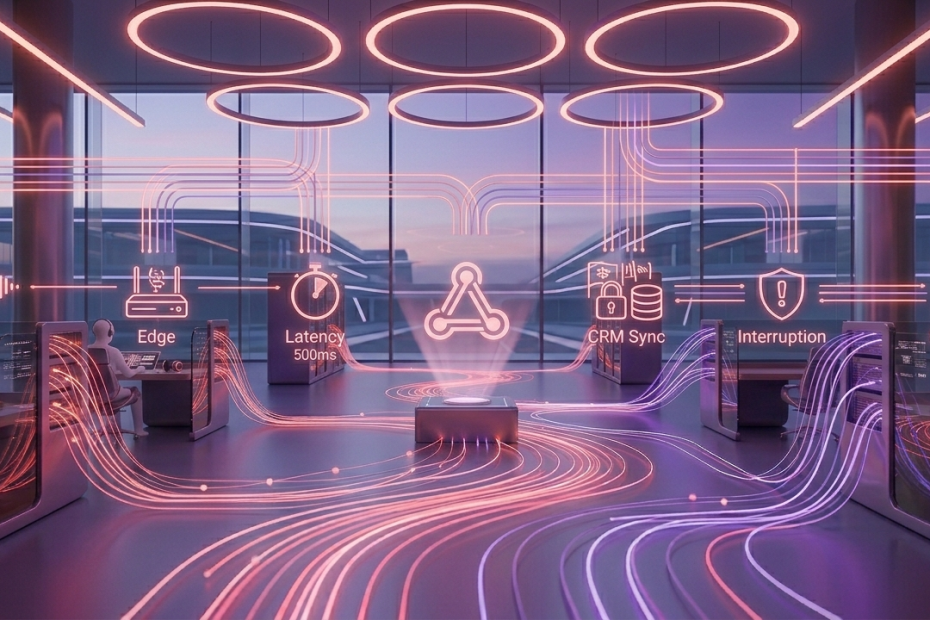 Futuristic control room with pink neon data streams and circular ceiling lights illustrating IT network metrics like Latency, CRM Sync, and Scheduling on holographic panels.