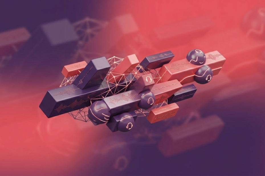 Abstract 3D cluster of pink and purple blocks and spheres connected by wireframe networks against a gradient background, implying digital connectivity and audio tech theme.