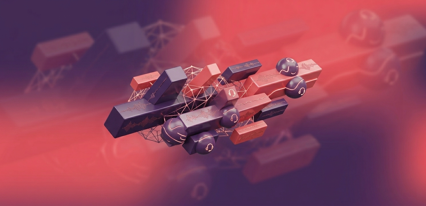 Abstract 3D cluster of pink and purple blocks and spheres connected by wireframe networks against a gradient background, implying digital connectivity and audio tech theme.