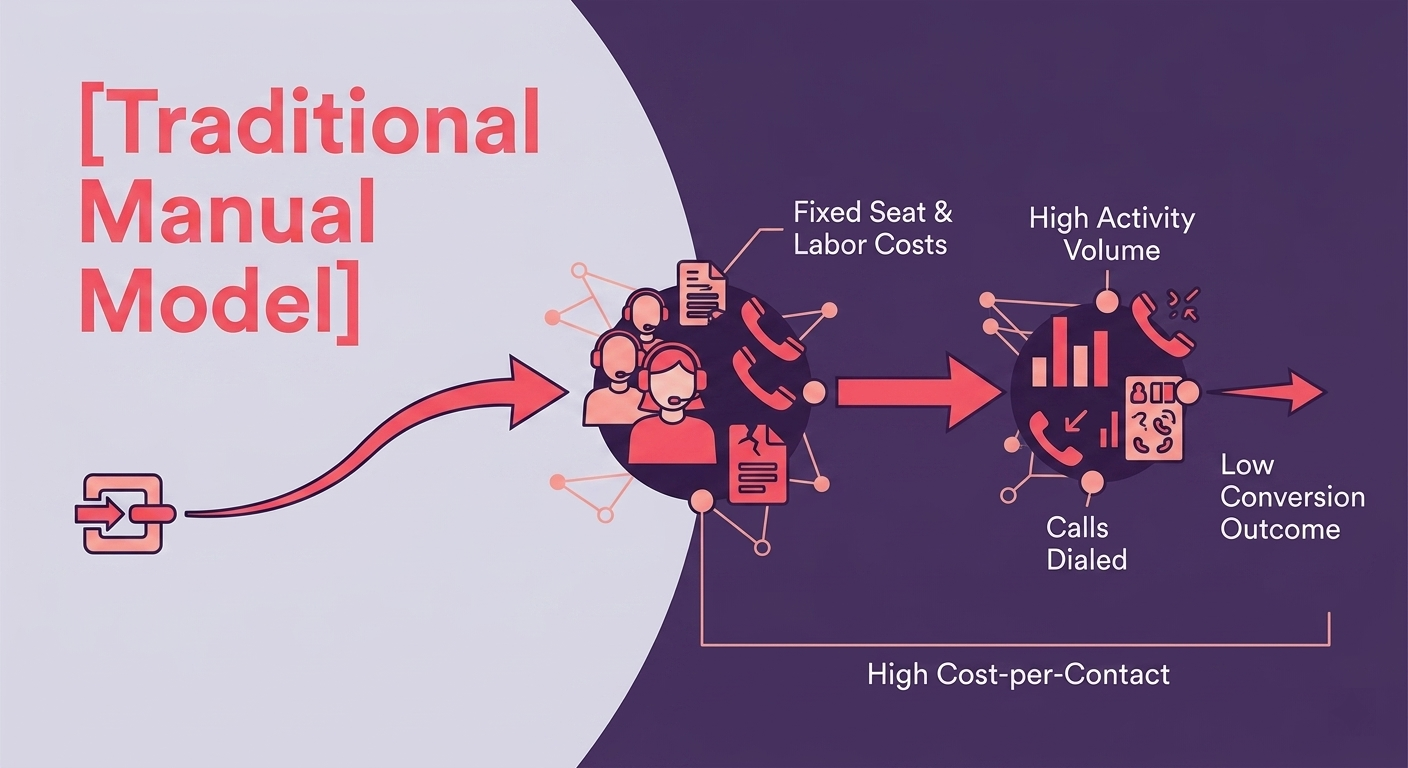 The Financial Blind Spot of Activity-Based Spending Diagram of a traditional manual model: from a funnel into a hub of people, calls, and data visuals, ending with high cost per contact and low conversion.