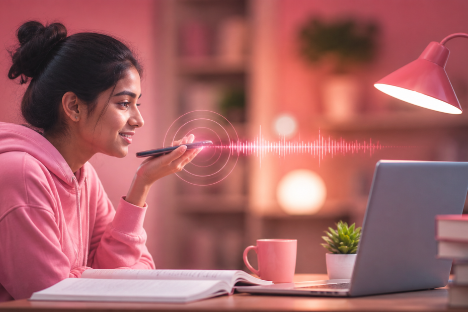 Student in a pink hoodie sits at a desk, speaking into a smartphone with glowing audio waves toward a laptop and study setup.