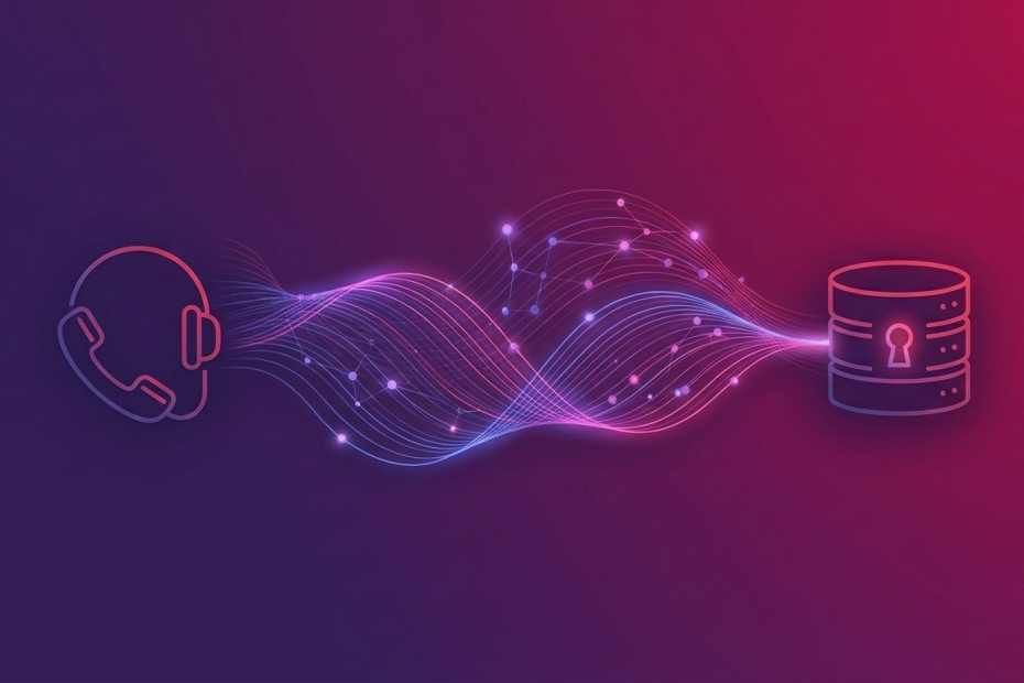 Neon line art showing a headset connected by glowing data streams to a lock-protected database, symbolizing secure data transfer (purple-pink gradient).