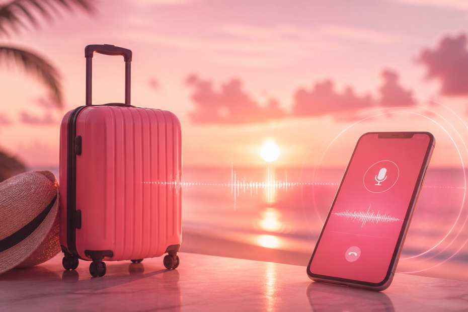 Pink suitcase and straw hat resting on a marble table at sunset with a tropical beach in the background