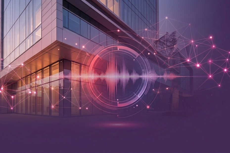 Modern glass office building with a pink-purple digital network and sound-wave graphic overlaid.