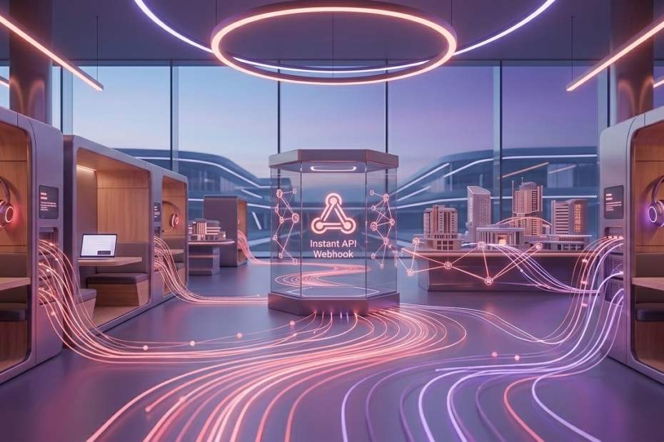 Futuristic coworking pods surround a central glass display reading 'Instant API Webhook' with pink-purple neon circuit lines.