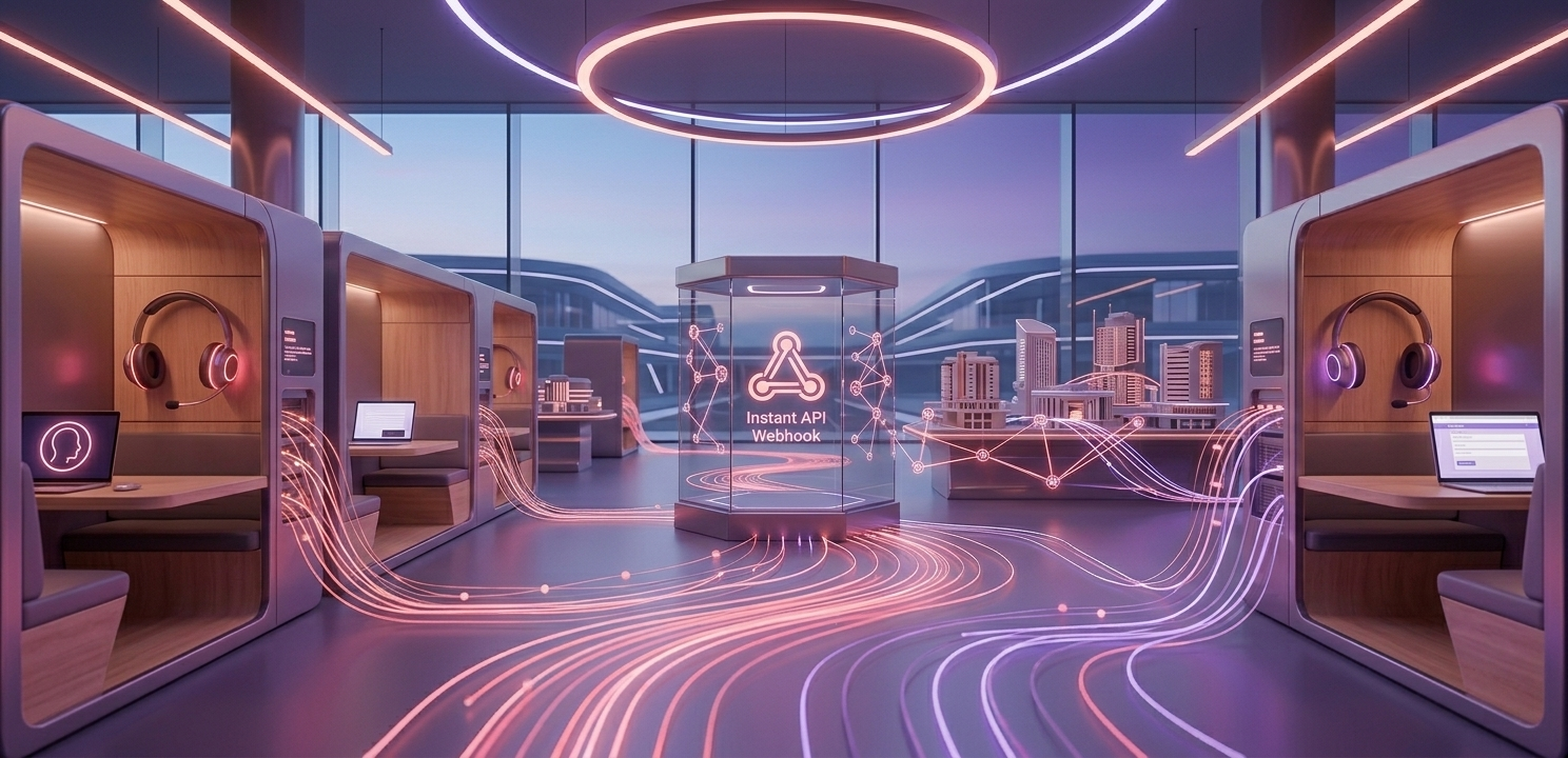 Futuristic coworking pods surround a central glass display reading 'Instant API Webhook' with pink-purple neon circuit lines.