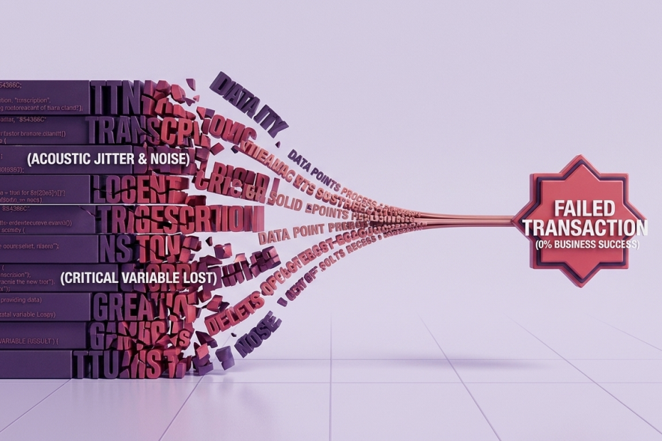 3D purple and pink blocks form words about data issues, converging into a red badge that reads 'FAILED TRANSACTION (0% BUSINESS SUCCESS)'.