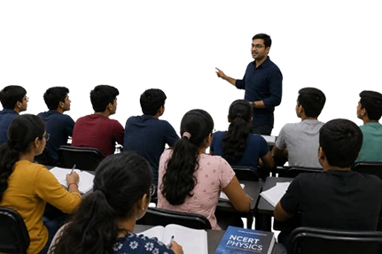 Instructor stands at the front of a classroom teaching NCERT Physics to students taking notes in desks and chairs.