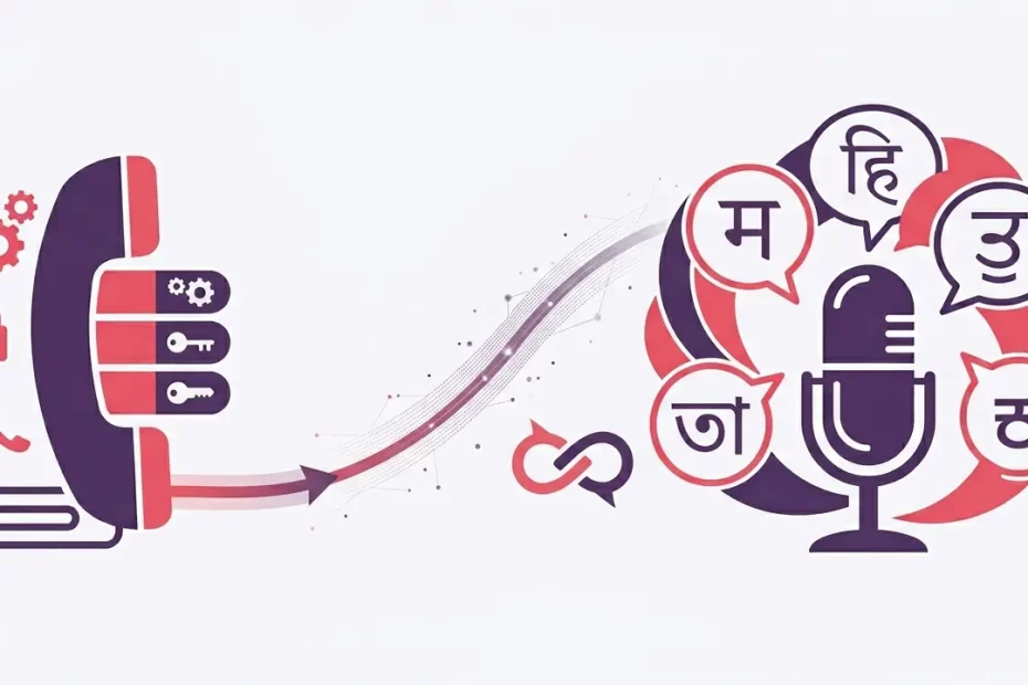 Phone-to-microphone illustration showing multilingual speech bubbles, symbolizing voice input and language processing.