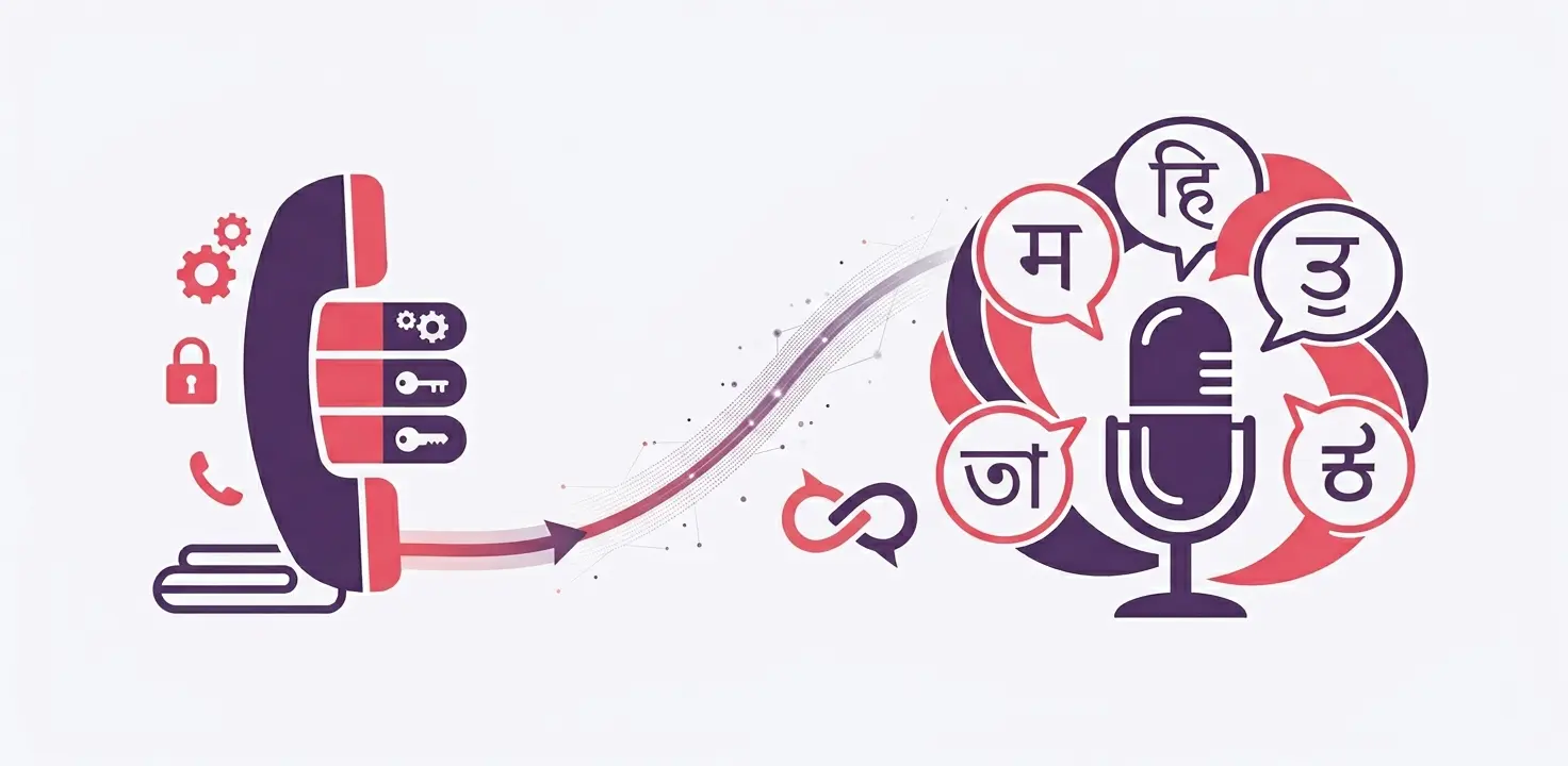 Phone-to-microphone illustration showing multilingual speech bubbles, symbolizing voice input and language processing.