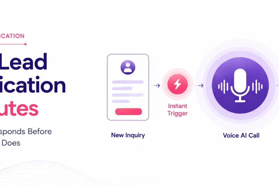 Sales lead qualification infographic: new inquiry triggers a voice AI call, then a scored lead is synced to CRM (2–5 min).