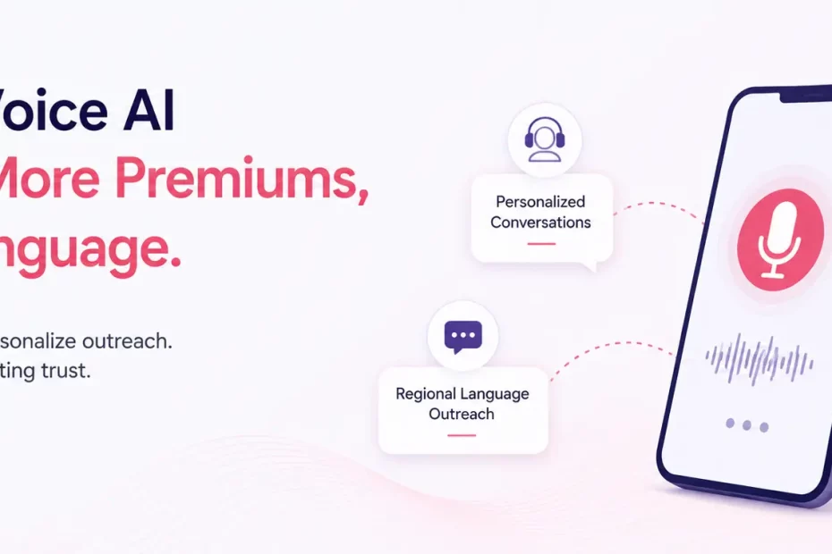 Hero banner promoting Voice AI to collect more premiums in every language, with a smartphone and floating feature icons.