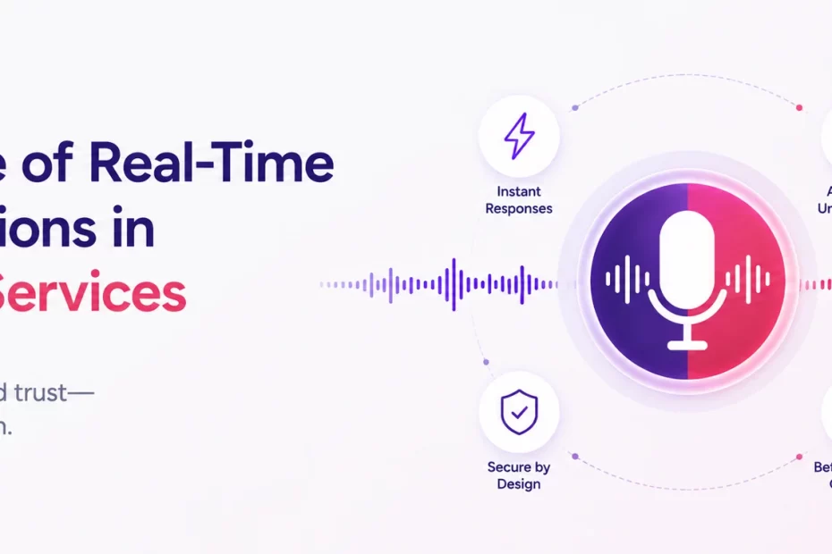 Hero banner announcing real-time conversations in financial services, centered microphone graphic with icons for instant responses, AI understanding, secure design, and better outcomes.
