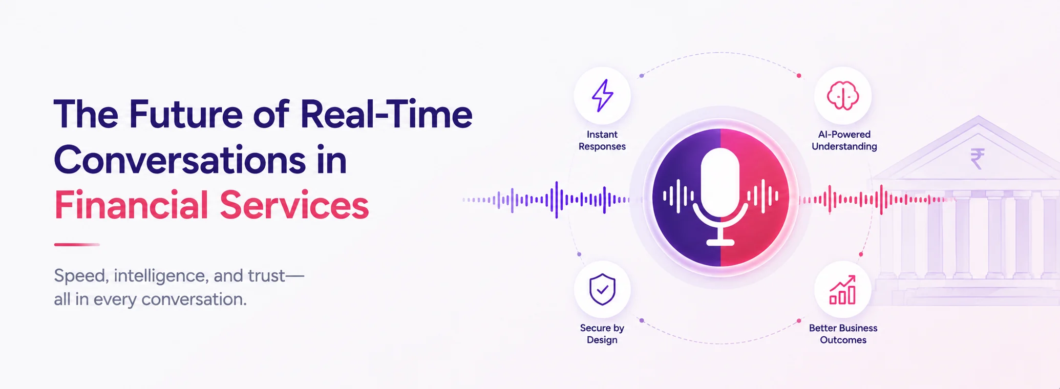 Hero banner announcing real-time conversations in financial services, centered microphone graphic with icons for instant responses, AI understanding, secure design, and better outcomes.