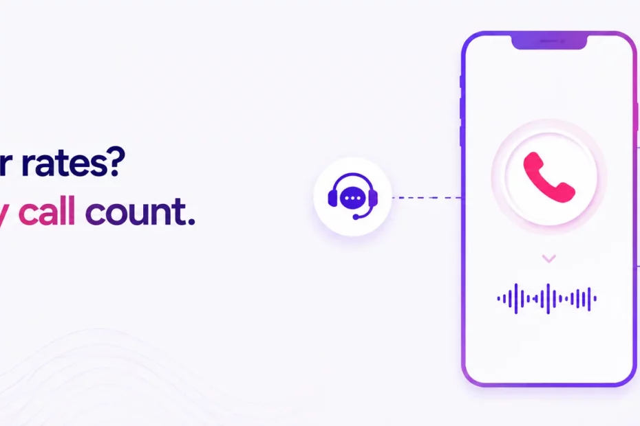 Hero banner: 'Low answer rates? Make every call count.' with a purple smartphone and floating circular icons for chat, speed, and analytics connected by dotted lines.
