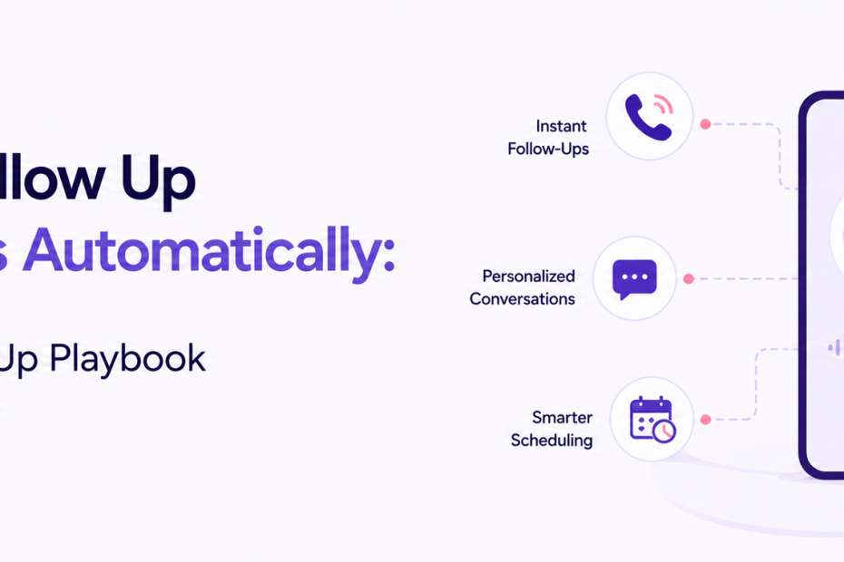 Hero banner with the title 'How to Follow Up With Leads Automatically' and a smartphone showing a microphone, plus icons labeled Instant Follow-Ups, Personalized Conversations, and Smarter Scheduling on the right.