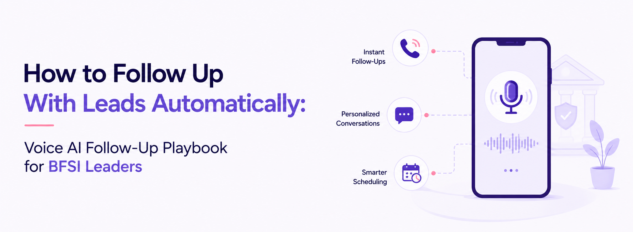 Hero banner with the title 'How to Follow Up With Leads Automatically' and a smartphone showing a microphone, plus icons labeled Instant Follow-Ups, Personalized Conversations, and Smarter Scheduling on the right.