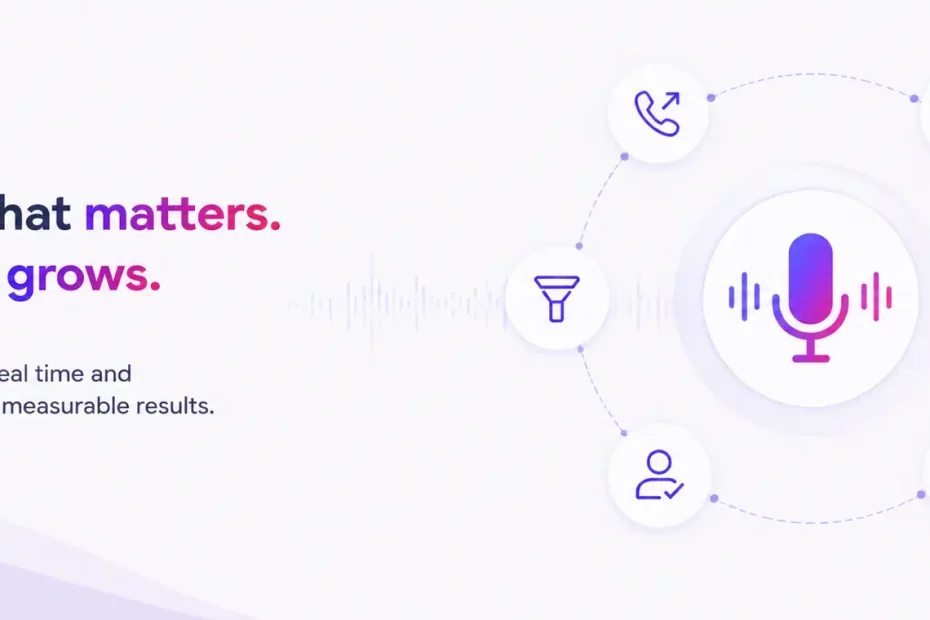 Banner: 'Measure what matters. Drive what grows.' with a central microphone and surrounding KPI icons.