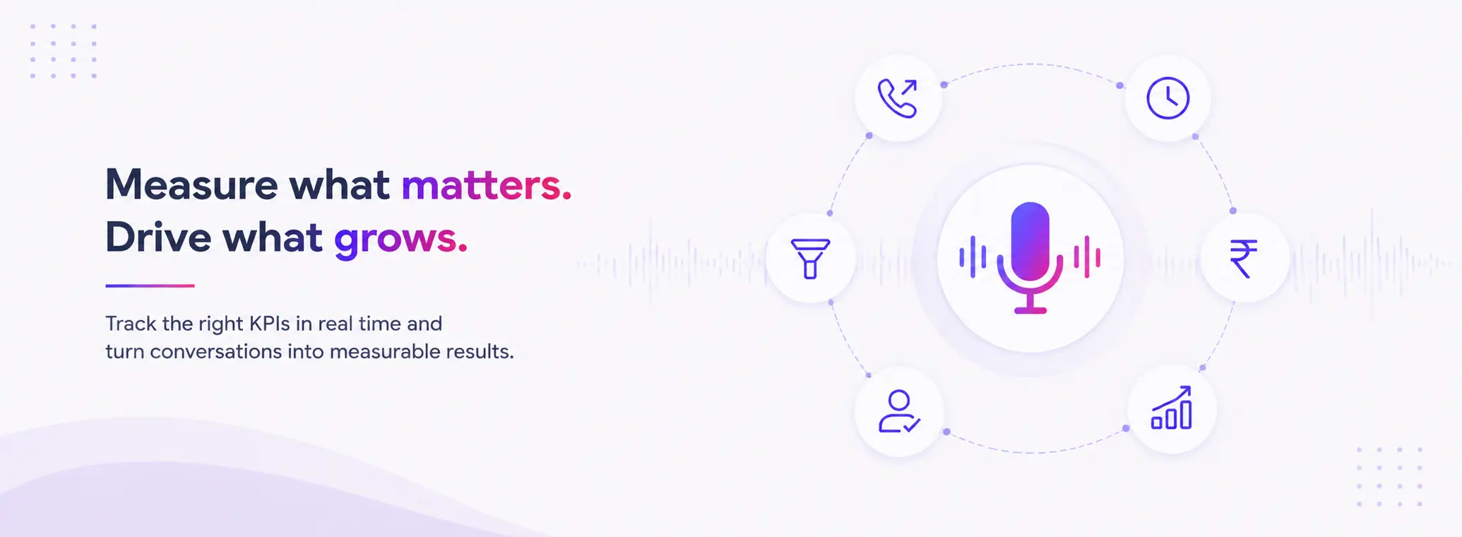 Banner: 'Measure what matters. Drive what grows.' with a central microphone and surrounding KPI icons.