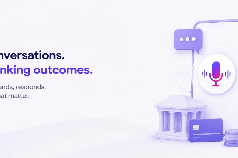 Purple 3D hero illustration with a smartphone and microphone, bank icons, and a classical building beside the slogan: 'Smarter conversations, stronger banking outcomes.'